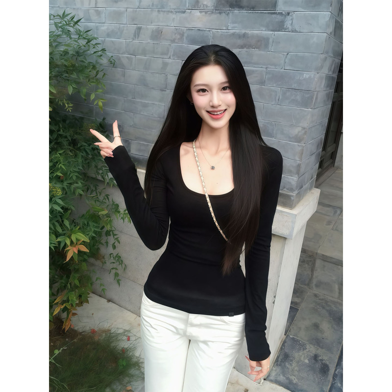 Korean Style Spicy Girl Simple Square-Neck Long-Sleeve T-Shirt for Women 2026 New Slim-Fit Solid Color Versatile Elegant Top