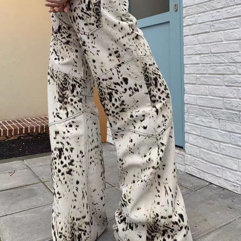 [in Stock] [Accurate Reproduction] American-Style Leopard Print Denim Wide-Leg Pants, Trendy Cocoon-Shaped Casual Pants for Women