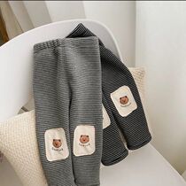 Girls leggings 2022 autumn and winter new baby girl baby foreign style outerwear plus velvet cartoon patch striped trousers