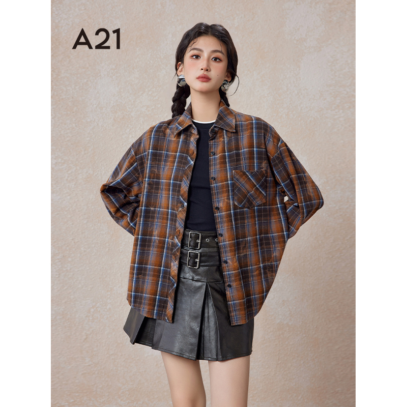 A21 Women's Fleece-Lined Loose-Fitting Collared Long-Sleeve Shirt, Spring and Autumn American Retro Slim-Fit Versatile Casual Plaid Shirt
