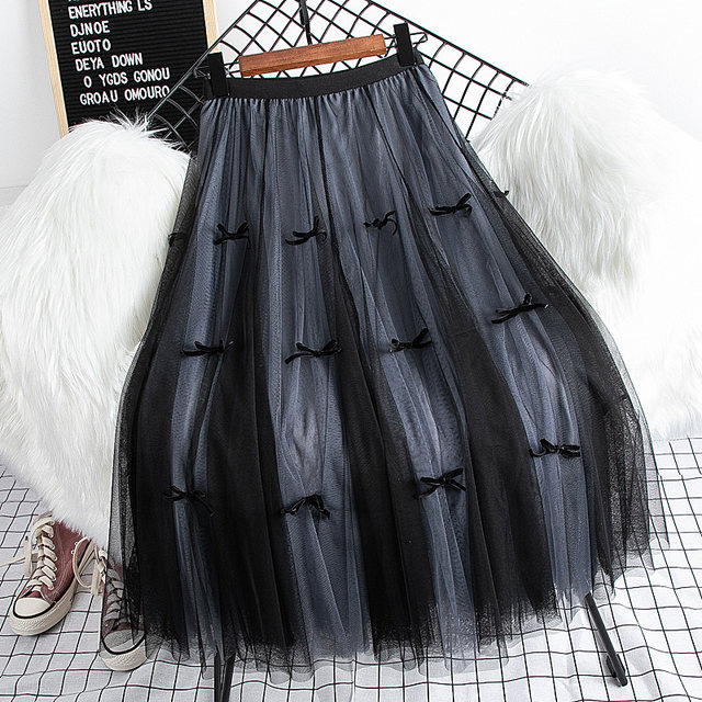 Yarn skirt Japanese high-end gentle fairy spring and summer bow net gauze autumn and winter slim high waist skirt