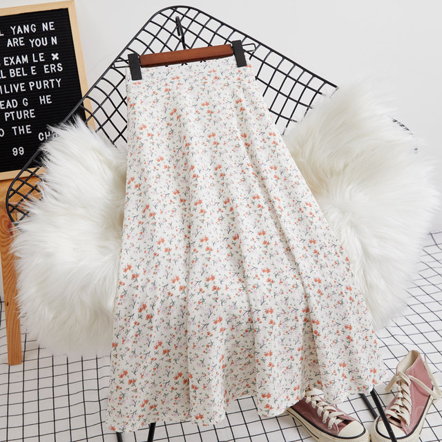 Temperament printed chiffon skirt women's high waist mid-length small fresh floral a-line skirt cotton spring and summer look thin