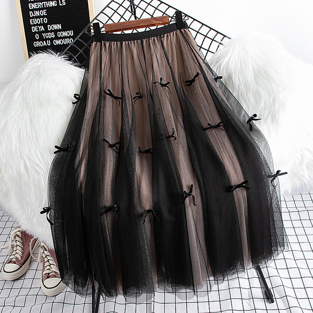 Yarn skirt Japanese high-end gentle fairy spring and summer bow net gauze autumn and winter slim high waist skirt