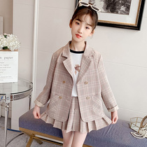 Plaid blazer womens spring and autumn small suit jk childrens set 2021 new girls pleated skirt two-piece set
