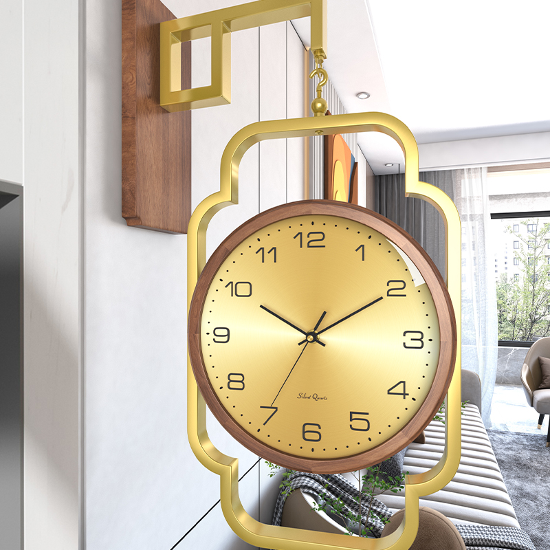 New Chinese-style copper wall clock simple double-sided clock mute clock modern light luxury living room household creative solid wood quartz clock