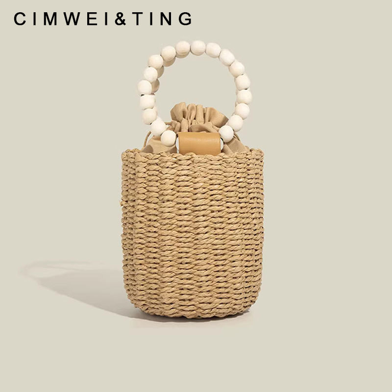 Cimwei&Tig Artistic Beaded Straw Bucket Bag for Women 2026 New Style Seaside Vacation Hand-Held Woven Bag