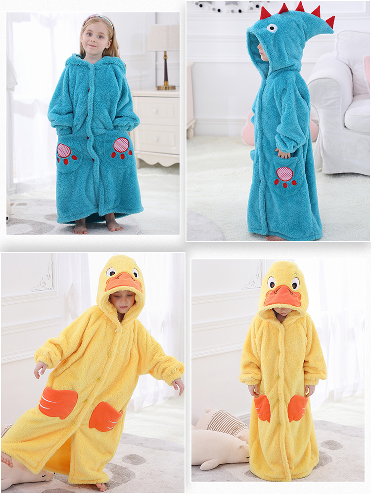 Bathrobe Children's nightgown Men's and women's winter thickened long version flannel pajamas Baby yukata Coral velvet home clothes