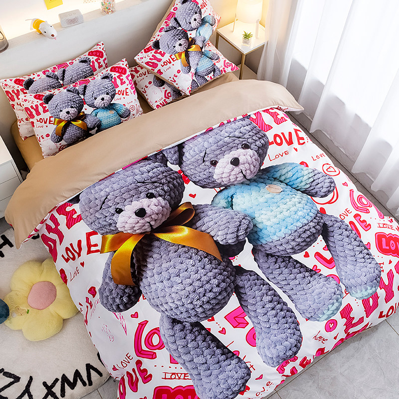 Cute doll bear quilt cover girl personality kit single bed sheet three-piece set 1 2 1 8 dormitory four-piece set