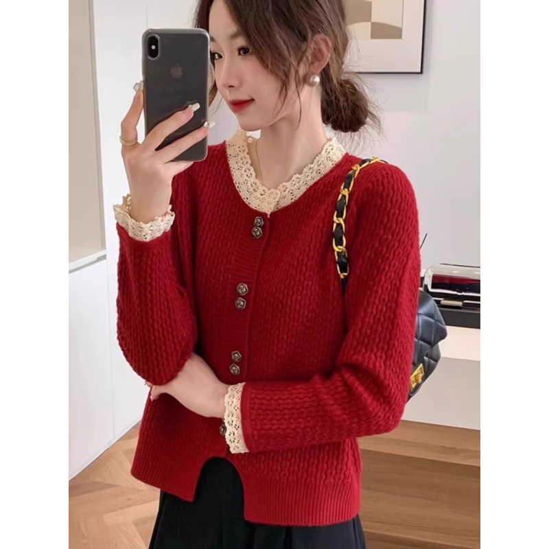 European-Style New Red Cardigan for Women with Lace Trim, Short Knit Sweater, Autumn and Winter Lazy Style, Thickened Inner Layer Top
