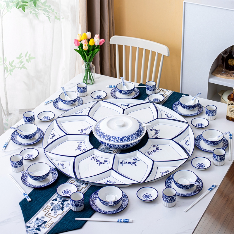 New Round Table Plates, Home-Use Trendy Ceramic Platters for New Year's Eve Reunion Dinner, Platter Tableware Set, Bowl and Plate Set