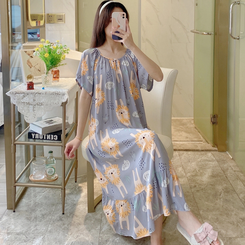 Summer Nightgown for Women, Short-Sleeved, Pure Cotton Silk, Large Size, Long, Cute Pajamas, Women's Summer Rayon Loose Pajama Dress