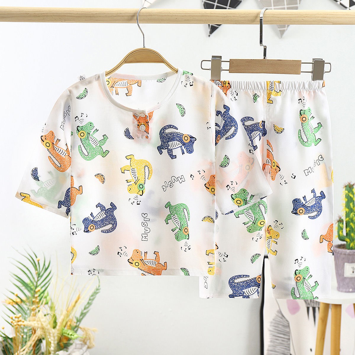 Children's summer cotton silk pajamas summer girls boys home clothes set women's baby cotton air-conditioning clothing children's clothing tide