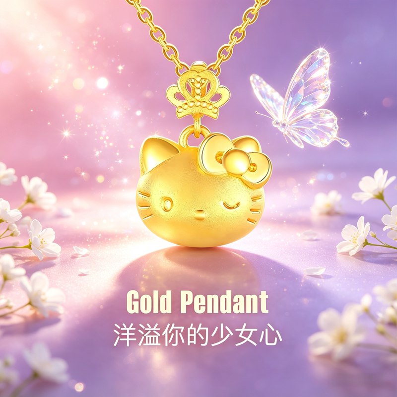 Chinese Time-Honored Brand｜Hellokitty Cat Pendant Bracelet Gold-Plated Silver Fortune Necklace Gift for Girlfriend