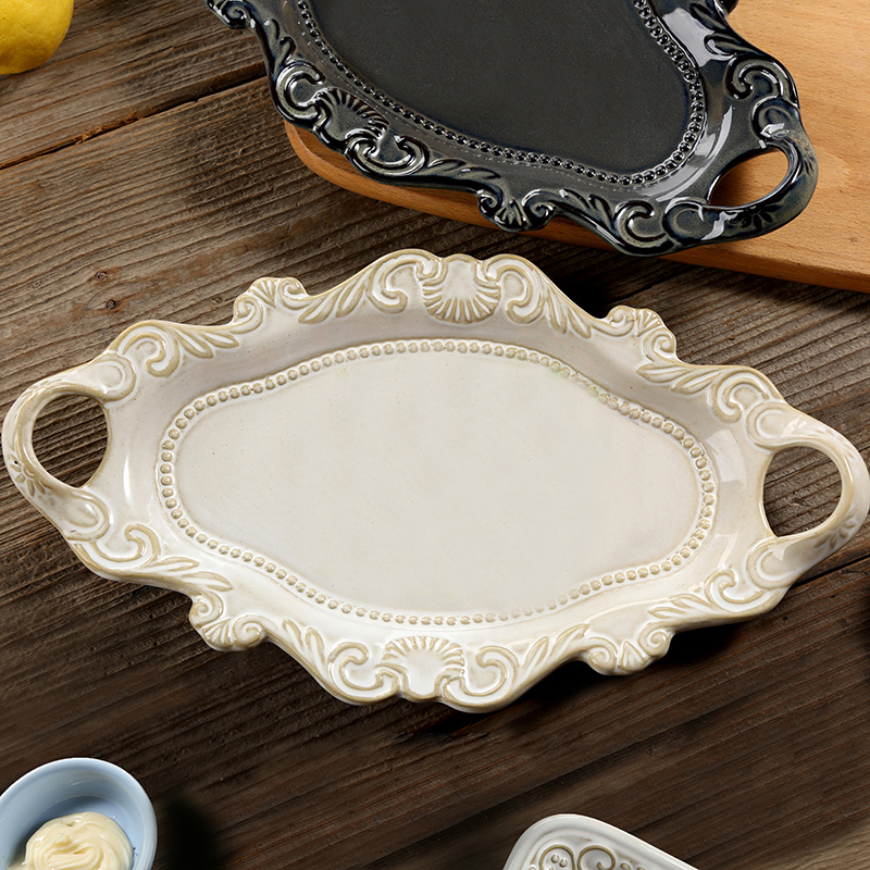 European style retro relief double ear plate creative plate Western plate fish plate fish plate household fruit plate snack plate ceramic tableware