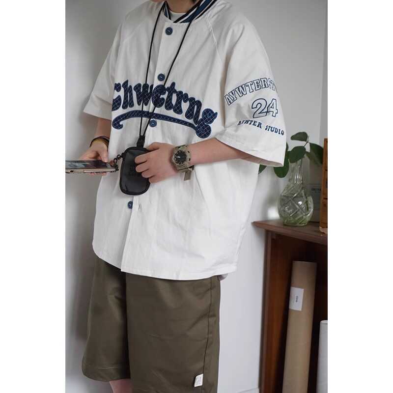 Summer Japanese-Style Loose Retro Letter Print Short-Sleeve Shirt Unisex Baseball Casual Five-Point Cardigan Jacket Trendy