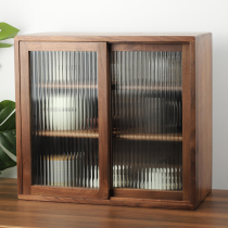 Black walnut desktop cabinet table on the table with wooden tabletop coffee cup tea toys