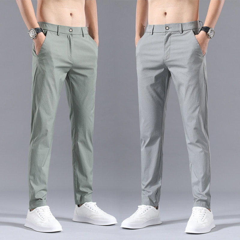 Ice silk casual pants men's spring and summer thin slim straight long pants men's Korean version trend summer all-match trousers