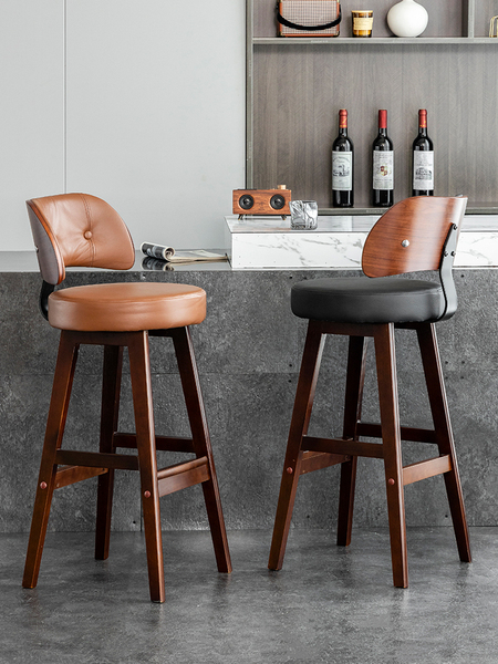 Solid Wood Accessible Luxury For Home Cowhide Retro European Bar Stool
