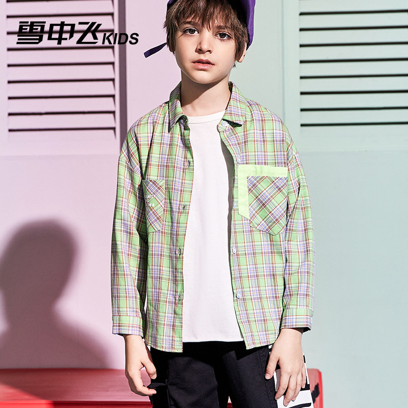 Flying in the snow children's plaid shirt 2021 middle-aged boy handsome foreign boy loose casual cotton long-sleeved top