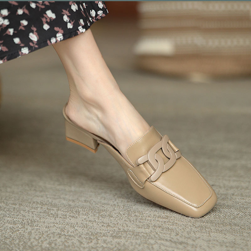 Hong Kong Genuine Leather Closed-Toe Mules for Women, Summer 2026 New Style, Square Toe, Chunky Heel, Slip-On, Versatile Half-Slippers