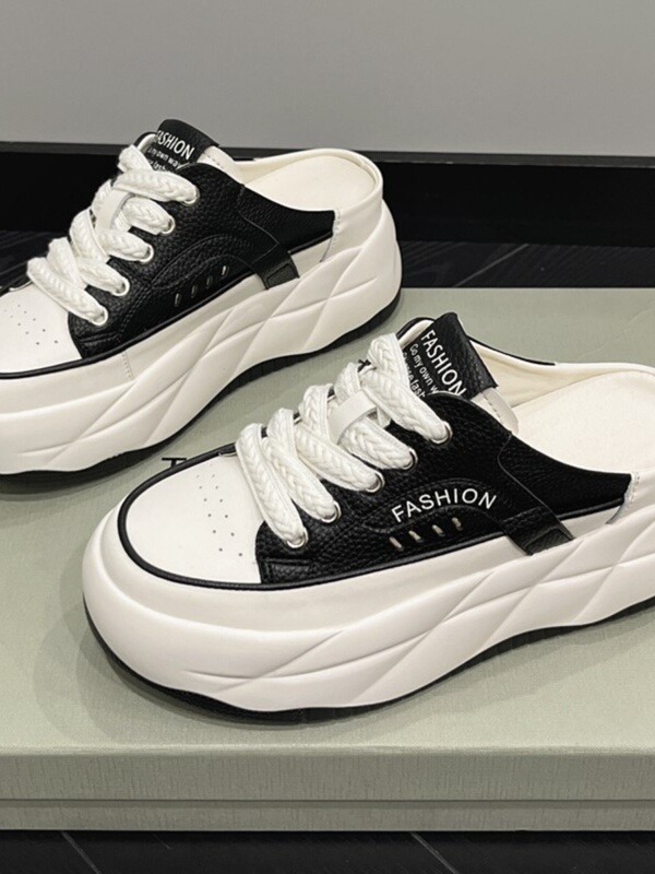 European Style Half Slippers for Women, Genuine Leather Thick-Soled Slippers, 2026 Spring and Summer New Style, Closed-Toe Casual Sports White Shoes