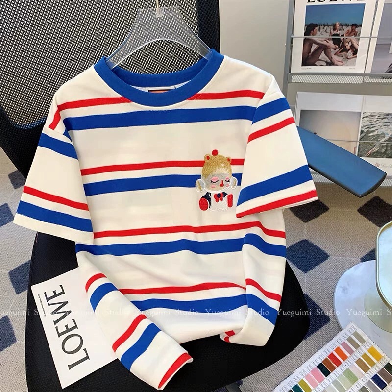 2024 New Style Loose Design Niche Trendy Youthful Casual Short-Sleeve Top Striped Short-Sleeve T-Shirt for Women Summer
