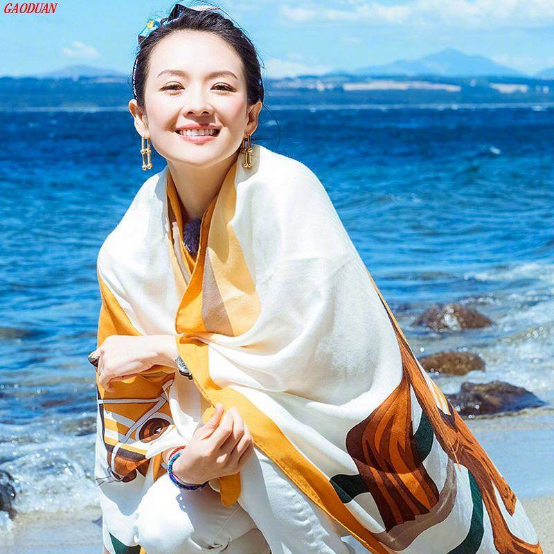 妻の旅行 チャン・ツィイーと同じスタイルのシルクスカーフ 夏用 薄手 チャカ ソルトレイク 日焼け止めショール レディース 特大ビーチタオル