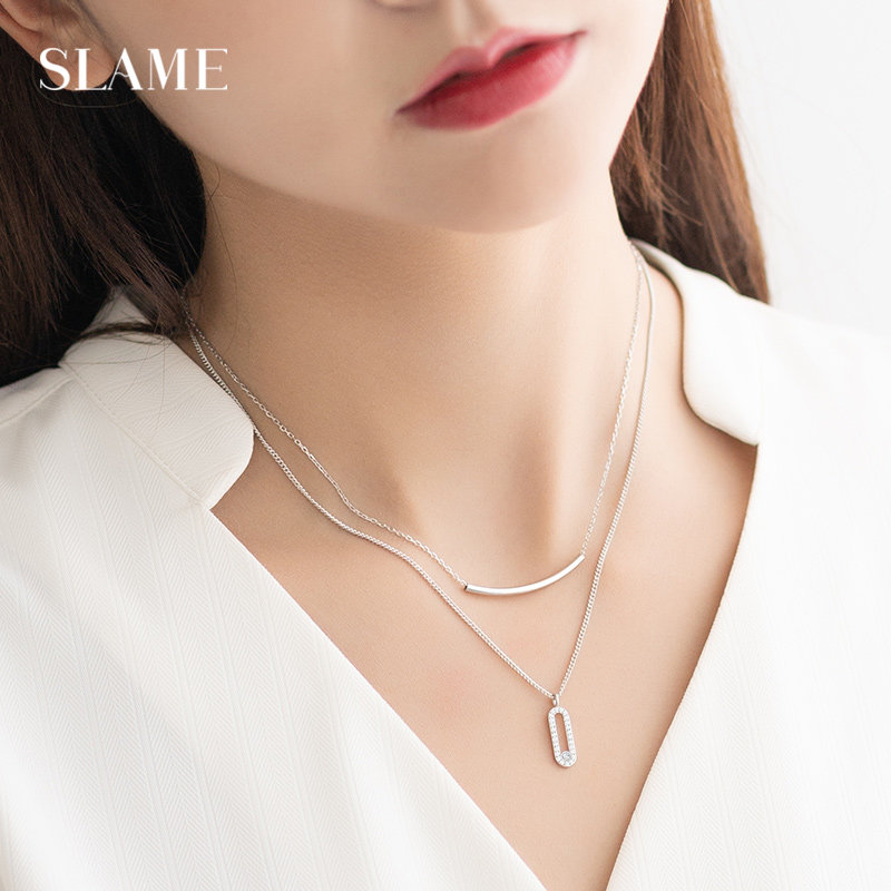 Smiling face stacked with double necklace woman 925 pure silver light extravagant and small crowd design Feel Temperament Lock Bone Chain Ornament Woolen Clothing Chain