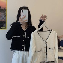 Early autumn new small fragrance contrast color V-neck edging loose thin section Chic long-sleeved knitted cardigan top female ins tide