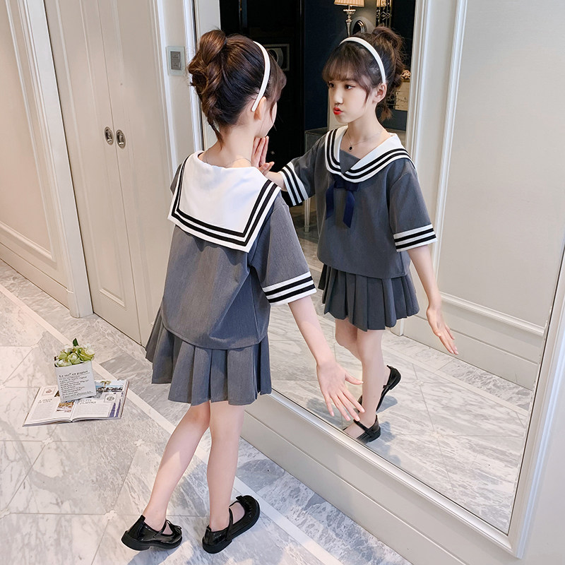 Korean girls' college style dress summer 2021 new short-sleeved Western style middle-aged children's suit children's two-piece suit