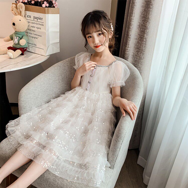 South Korean girl's foreign dress Summer thin Fairy Ocean Pie Dress Princess Dresses With Knee Super Fairy Cake Dresses Children