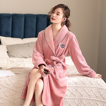 Sleeping Robe Woman Winter Coral Suede Plus Suede Thickened large code Bathrobe Japanese style Warm Flannel Suede home Sleeping Clothes