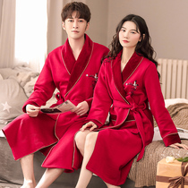 Couple sleepwear womens mezzanine fall winter thickened pure cotton Sexy sleeping robe bridal gown bathrobe mens red newlywed bathrobe