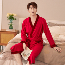 Male pyjamas pure cotton long sleeves in long sleeves Long-style all-in-one pyjamas big code casual wedding big red home for spring and autumn