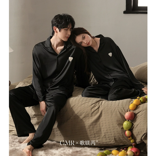 Осенняя пижама для влюбленных, мужской шелковый лонгслив, черный комплект, изысканный стиль, большой размер