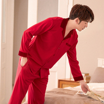 Pure Cotton Pyjamas Mens Life Spring Autumn Season Big Red Newlywed Long Sleeve Suit Big Code Casual Wedding Home Clothes