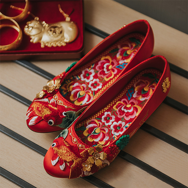 【Golden Jade Abounds】Chinese Wedding Shoes, Red Xiuhe Shoes, Hong Kong Style Handmade Gown Shoes, Bride's Embroidered Shoes