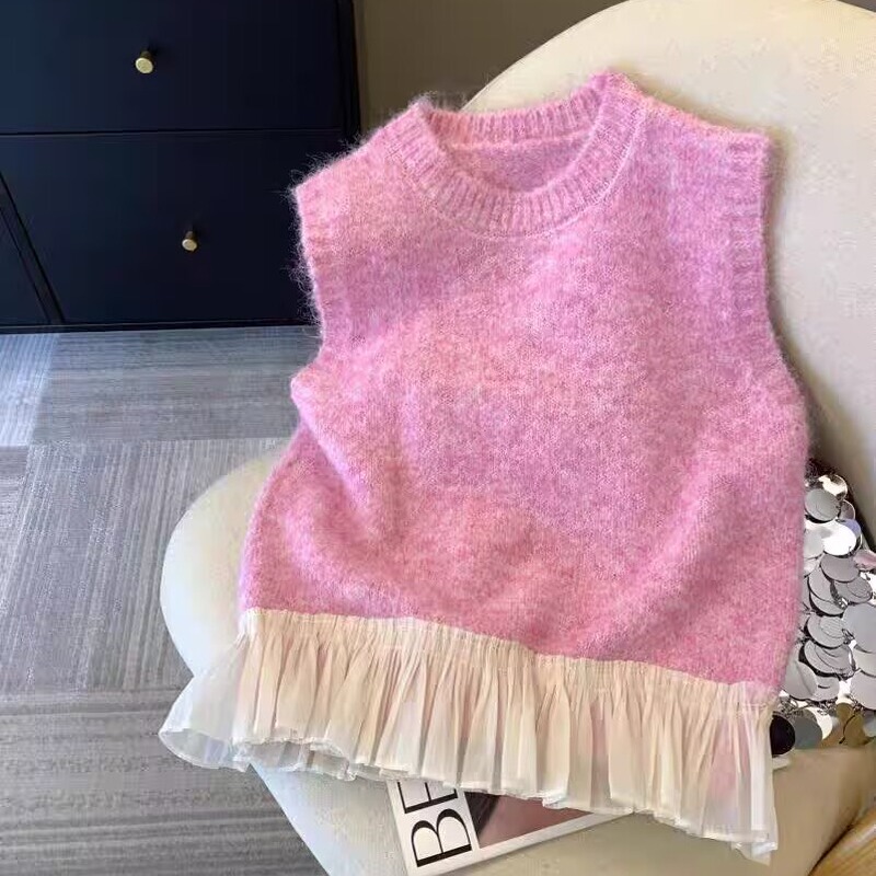 French-Style Ruffled Hem Knitted Vest for Women, Soft Cashmere Sweater Vest, Unique Sleeveless Sweater French-Style Ruffled Hem Knitted Vest for Women, Soft Cashmere Sweater Vest, Unique Sleeveless Sweater