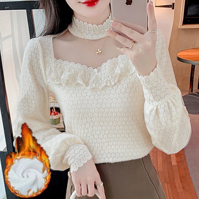 Half-High Collar Mesh Lace Shirt, New Autumn and Winter Style, Fleece-Lined and Thickened, Stylish and Slimming Top with Ruffled Edges Half-High Collar Mesh Lace Shirt, New Autumn and Winter Style, Fleece-Lined and Thickened, Stylish and Slimming Top with Ruffled Edges