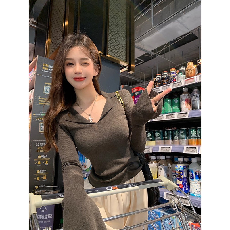 High-End V-Neck Chestnut Brown Knitted Sweater for Women, Autumn and Winter Sweet and Stylish Slim-Fit Polo Collar Base Layer Top