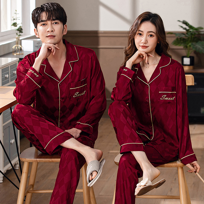 Weng Xiaoyan 2026 New Red Wedding Pajamas for Men and Women, Couple's Spring and Autumn Long-Sleeved Thin Silk Ice Silk Pajamas Weng Xiaoyan 2026 New Red Wedding Pajamas for Men and Women, Couple's Spring and Autumn Long-Sleeved Thin Silk Ice Silk Pajamas