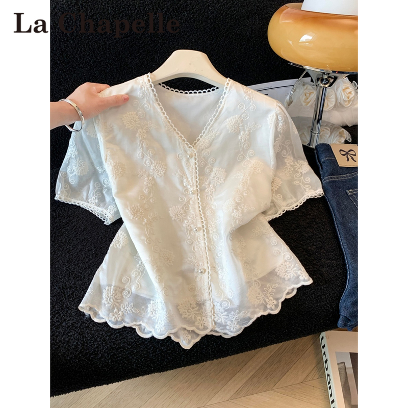 La Chapelle High-End Lace Embroidery V-Neck Shirt for Women, Summer Sweet and Youthful Puff Sleeve White Top