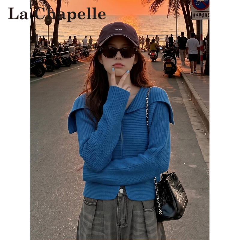 La Chapelle Dopamine Klein Blue Navy Collar Soft Sweater for Women, New Autumn/Winter Button Loose Short Top La Chapelle Dopamine Klein Blue Navy Collar Soft Sweater for Women, New Autumn/Winter Button Loose Short Top