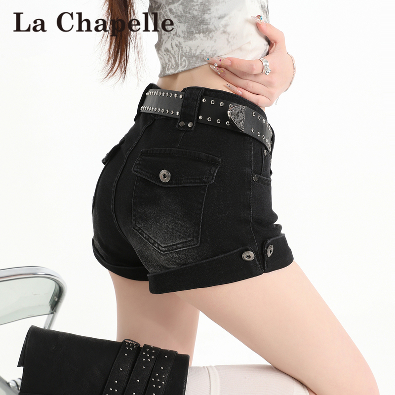 La Chapelle Black Workwear Denim Shorts for Women, Summer American Style, High-Waisted, Stretchy, Slimming, Wide-Leg A-Line Hot Pants