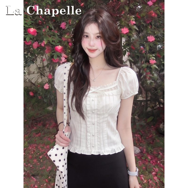 La Chapelle Girly White Lace Trim Puff Sleeve Shirt for Women, Summer Pure Desire Square Neck Bow Top La Chapelle Girly White Lace Trim Puff Sleeve Shirt for Women, Summer Pure Desire Square Neck Bow Top