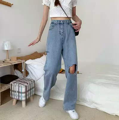 South Korea 2021 summer thin loose Korean high waist thin straight mopping trousers design sense ripped jeans