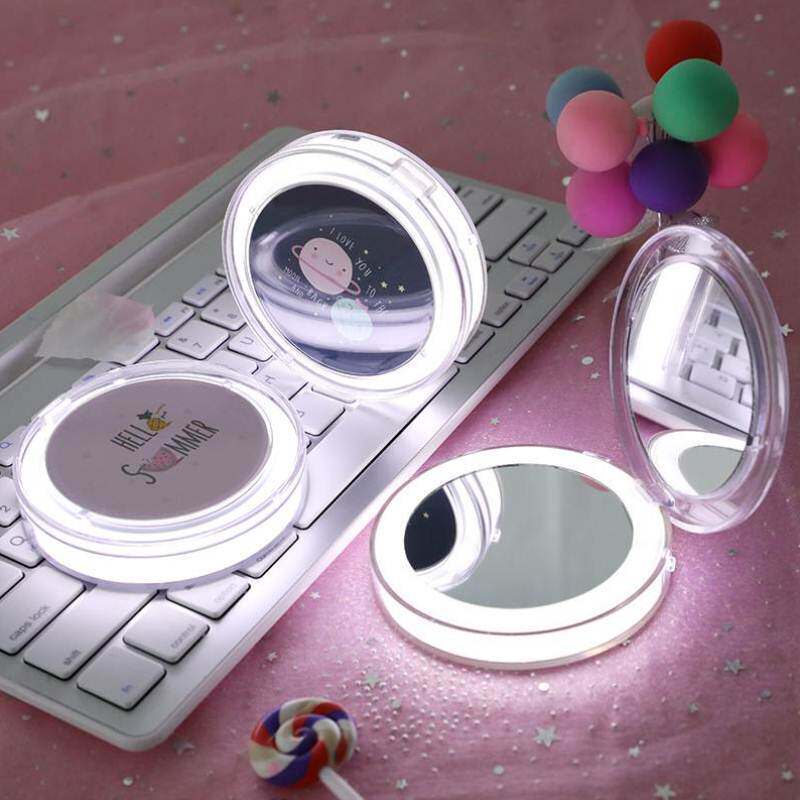 Net red trunk round mirror Korean hand with mini-makeup mirror portable LED with lamp girls' gift folded with hand