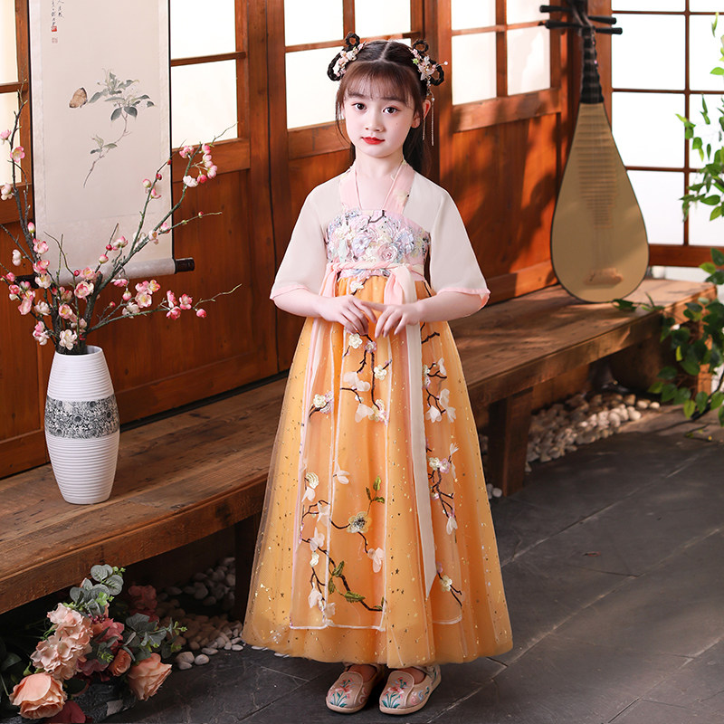 Hanfu girls summer clothes Chinese style super fairy short-sleeved thin section children's ancient clothes 10-12 years old girls ancient style dress