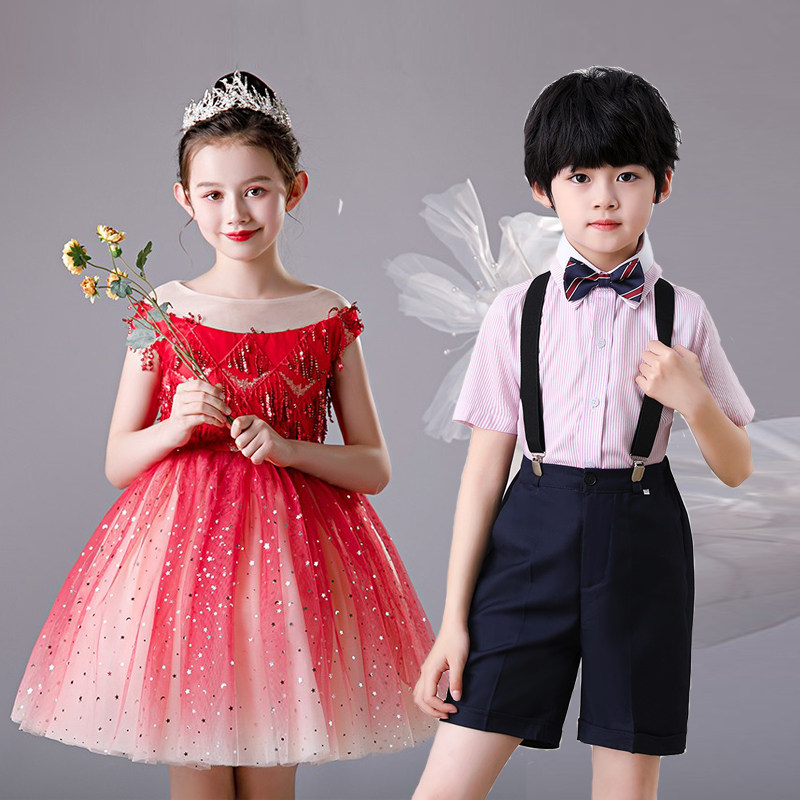 Princess skirt girl super fairy foreign pie fluffy yarn six one children's chorus performance costume small host dress red