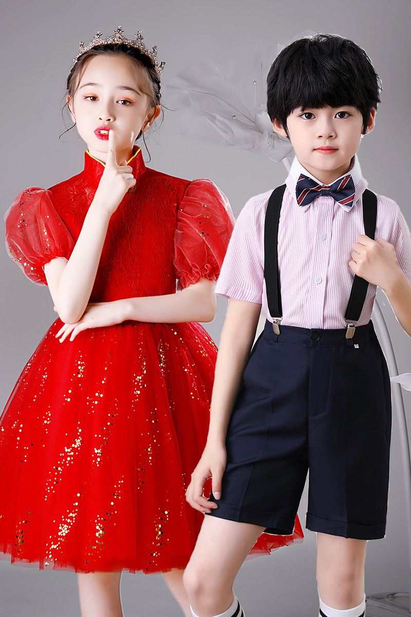 Girl's dress Princess Skirt host June 1 Children's Performance Dress Red High-end Chinese Recitation Competition Clothing